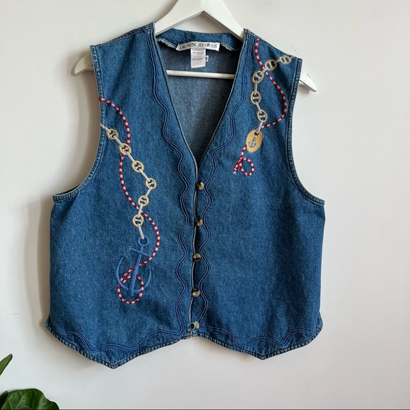 Vintage Lauren Jeffries Denim Nautical Print Vest 100% Cotton Size XL - Picture 4 of 10